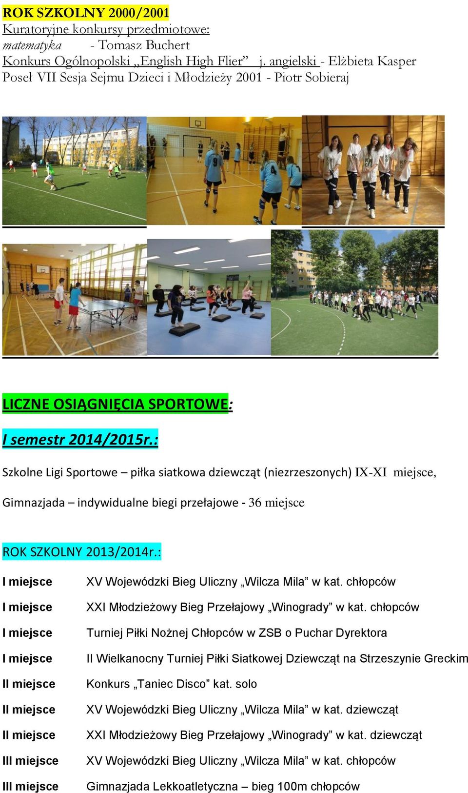 : Szkolne Ligi Sportowe piłka siatkowa dziewcząt (niezrzeszonych) IX-XI miejsce, Gimnazjada indywidualne biegi przełajowe - 36 miejsce ROK SZKOLNY 2013/2014r.