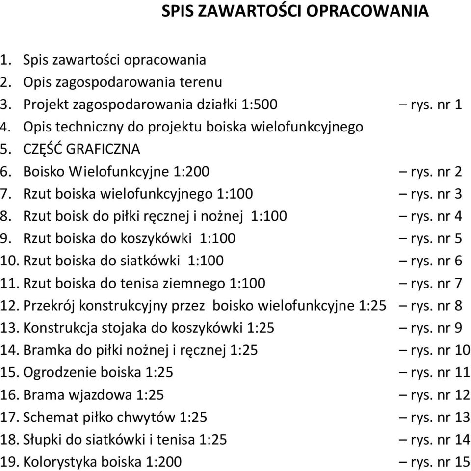 nr 5 10. Rzut boiska do siatkówki 1:100 rys. nr 6 11. Rzut boiska do tenisa ziemnego 1:100 rys. nr 7 12. Przekrój konstrukcyjny przez boisko wielofunkcyjne 1:25 rys. nr 8 13.