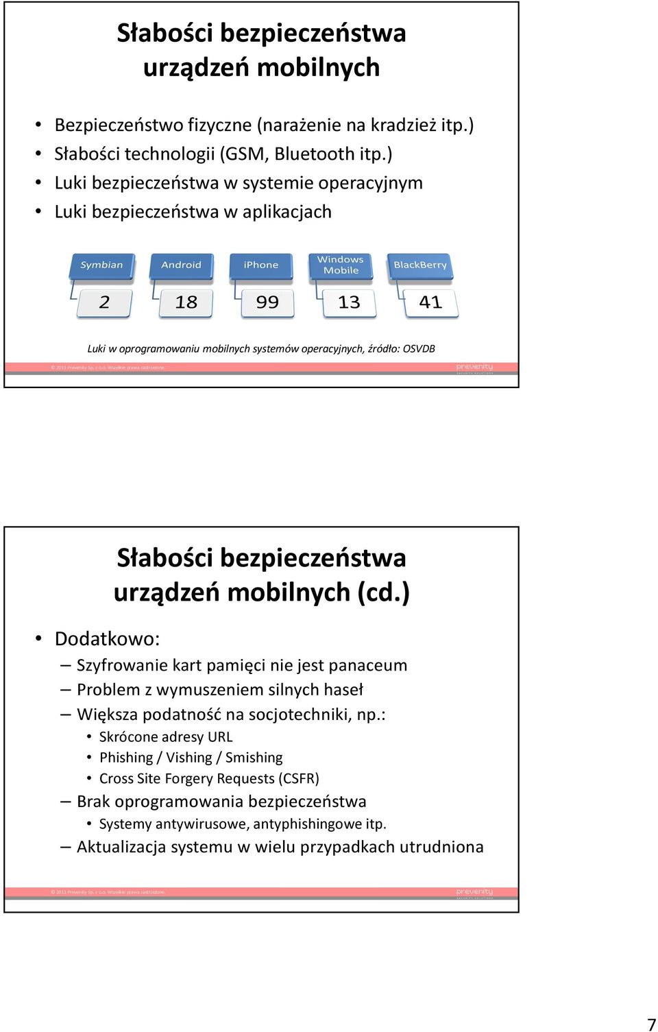 bezpieczeństwa urządzeń mobilnych (cd.) Dodatkowo: Szyfrowanie kart pamięci nie jest panaceum Problem z wymuszeniem silnych haseł Większa podatność na socjotechniki, np.