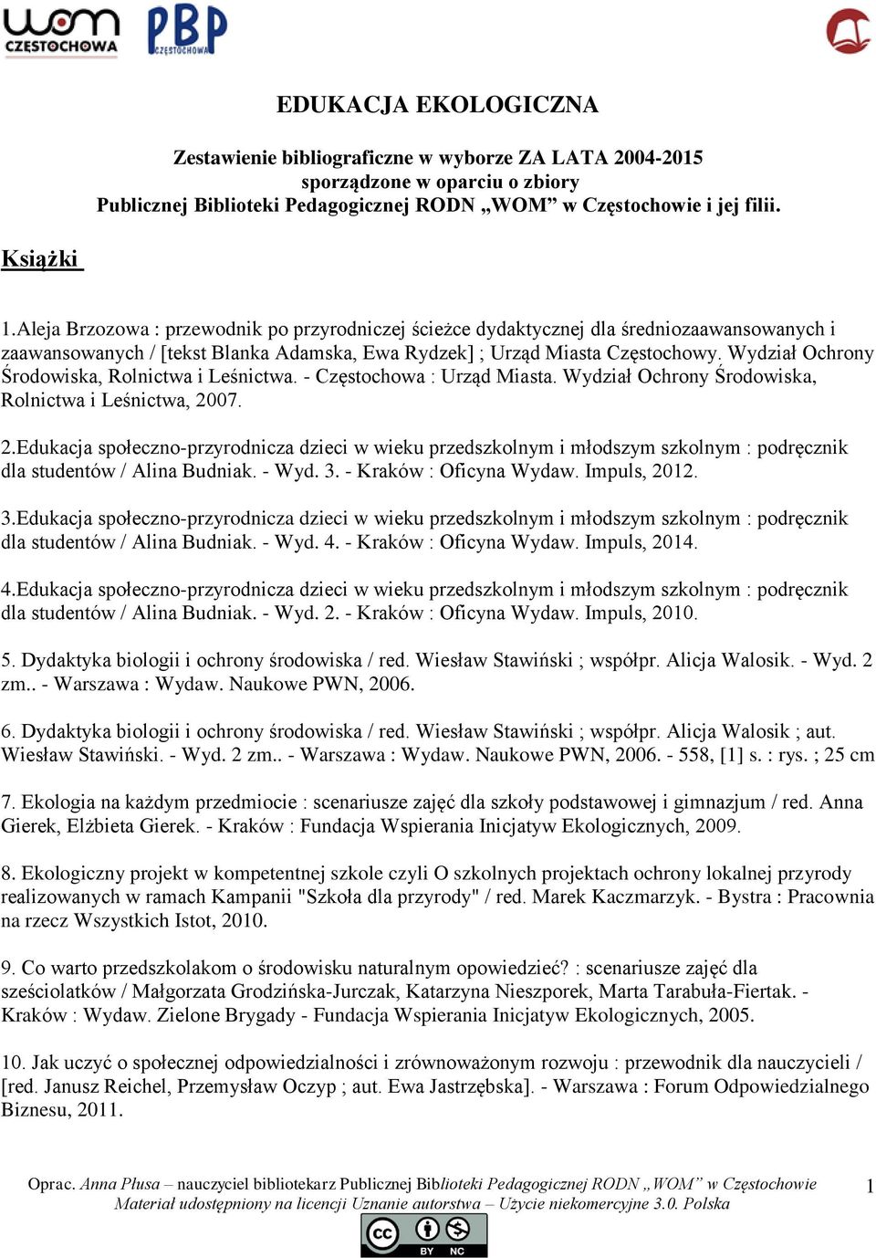 Wydział Ochrony Środowiska, Rolnictwa i Leśnictwa. - Częstochowa : Urząd Miasta. Wydział Ochrony Środowiska, Rolnictwa i Leśnictwa, 20