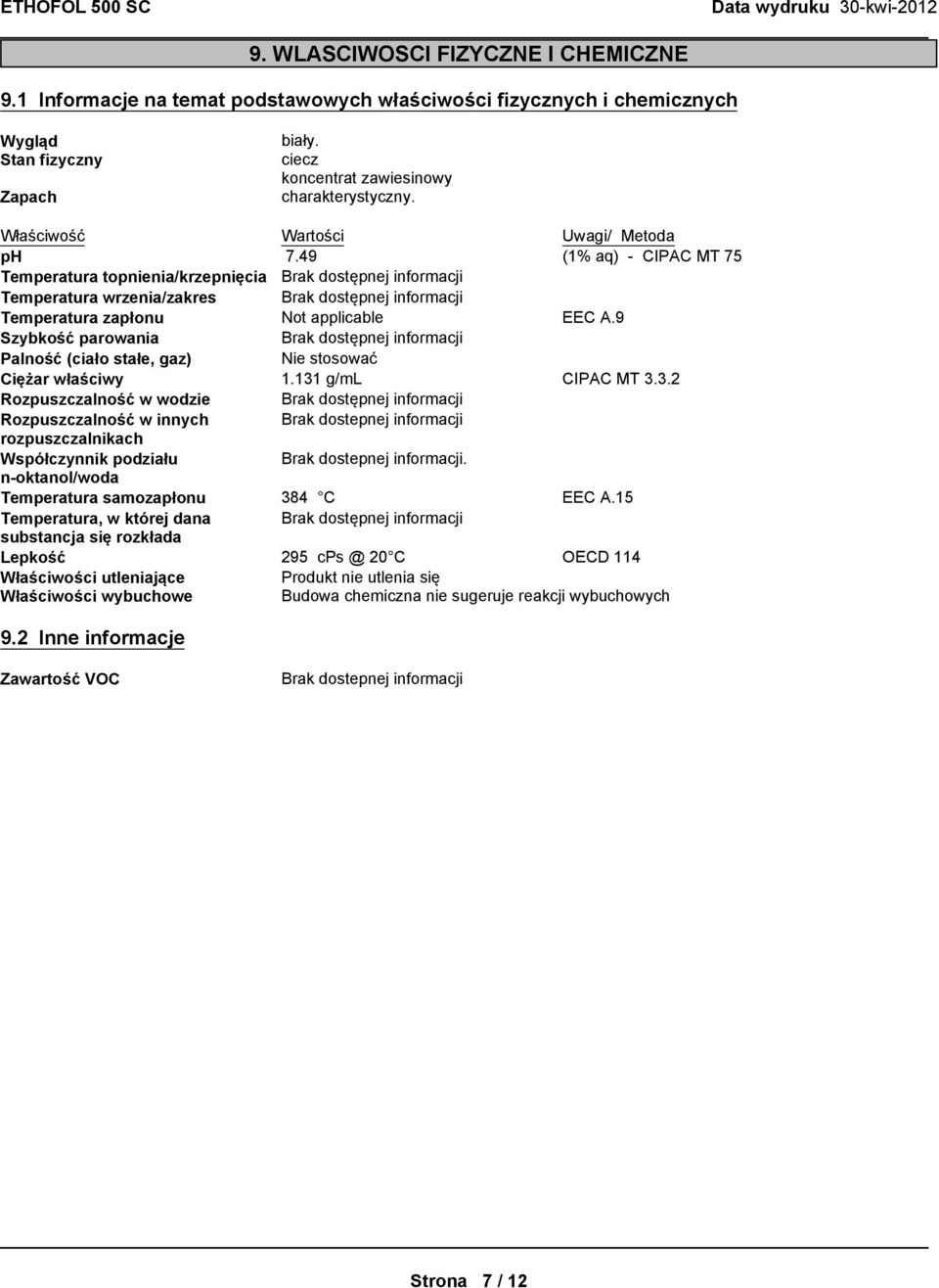 49 (1% aq) - CIPAC MT 75 Temperatura topnienia/krzepnięcia Brak dostępnej informacji Temperatura wrzenia/zakres Brak dostępnej informacji Temperatura zapłonu Not applicable EEC A.