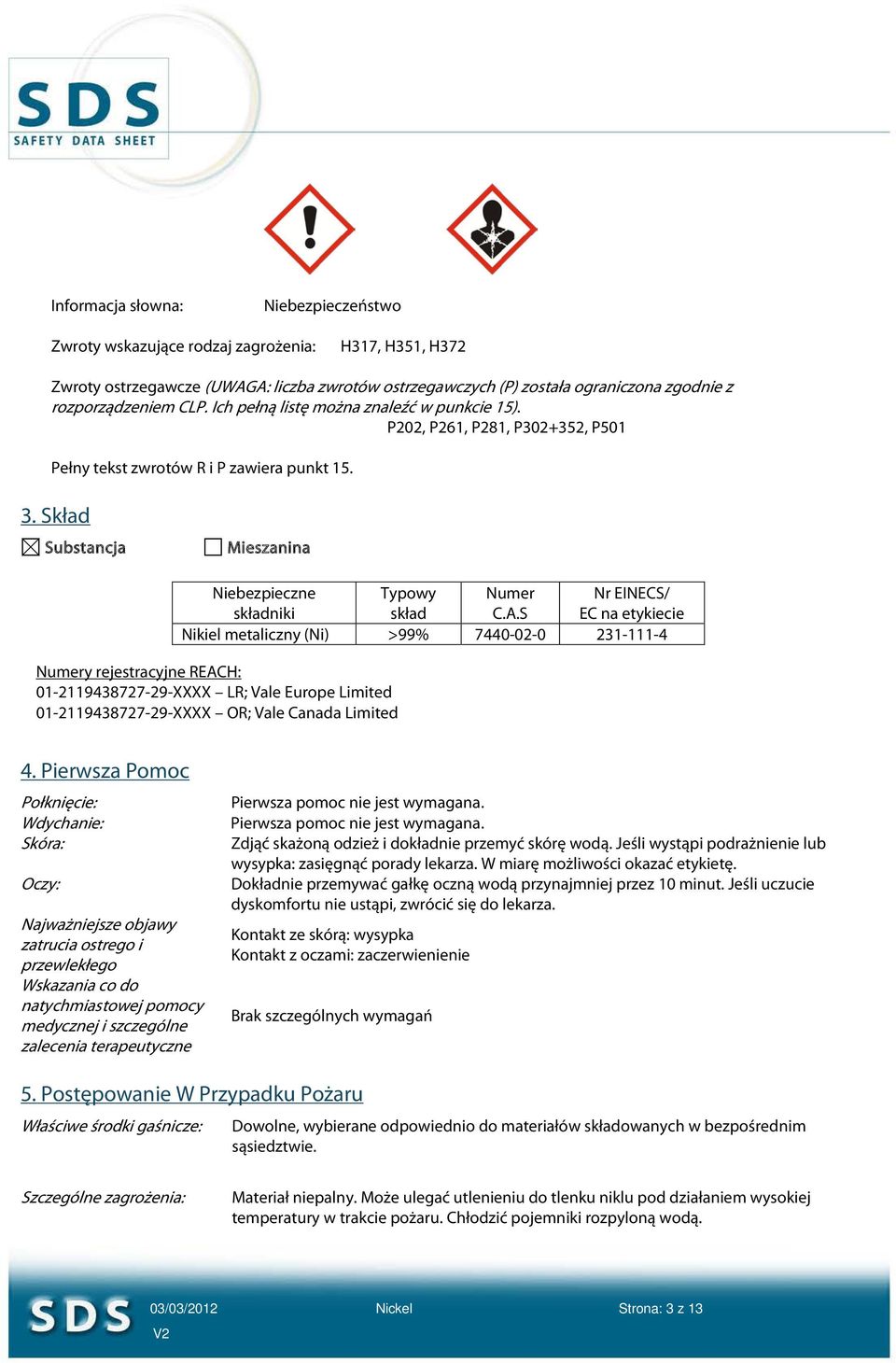 Skład Substancja Mieszanina Niebezpieczne Typowy Numer Nr EINECS/ składniki skład C.A.