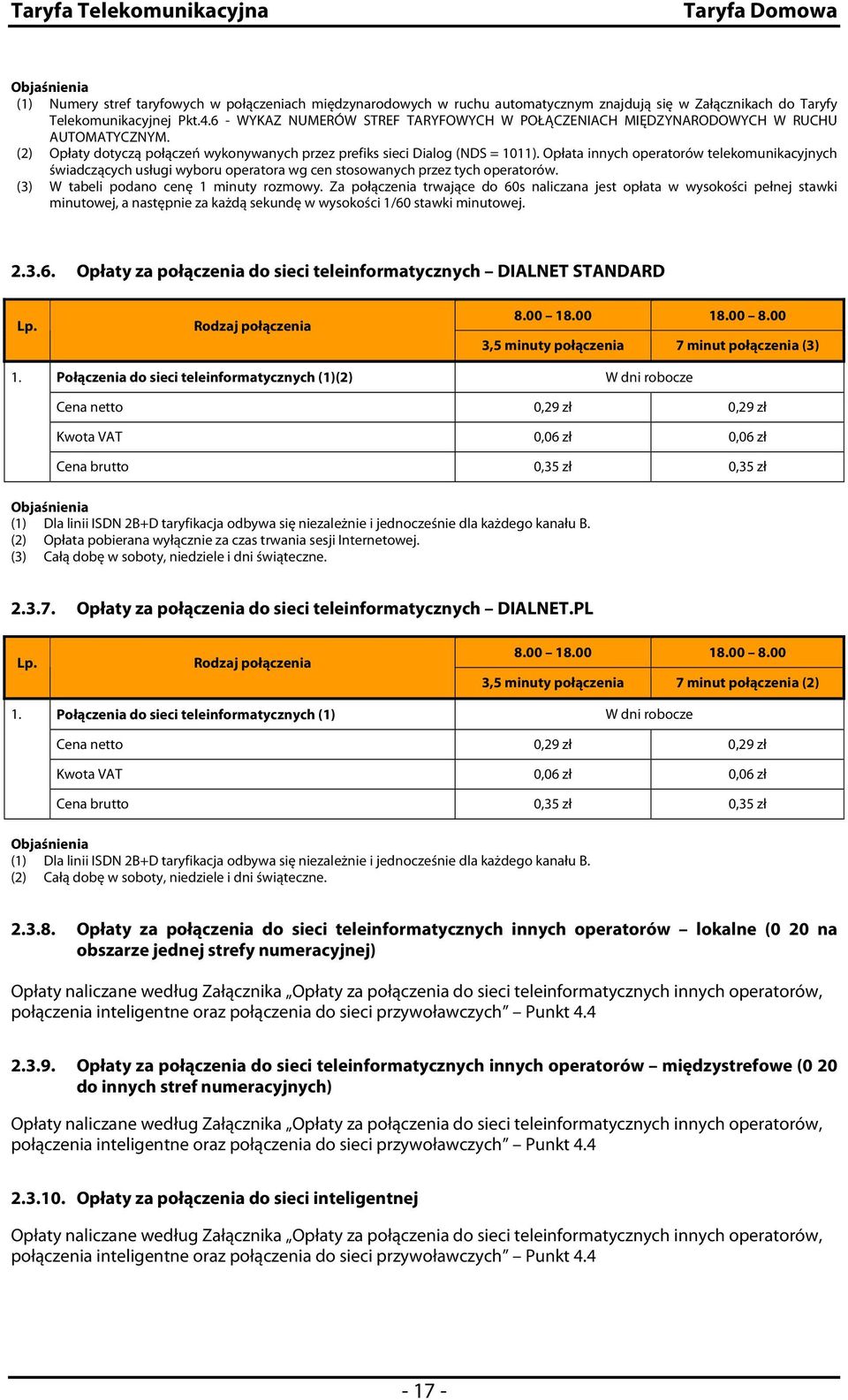 Opłata innych operatorów telekomunikacyjnych świadczących usługi wyboru operatora wg cen stosowanych przez tych operatorów. (3) W tabeli podano cenę 1 minuty rozmowy.