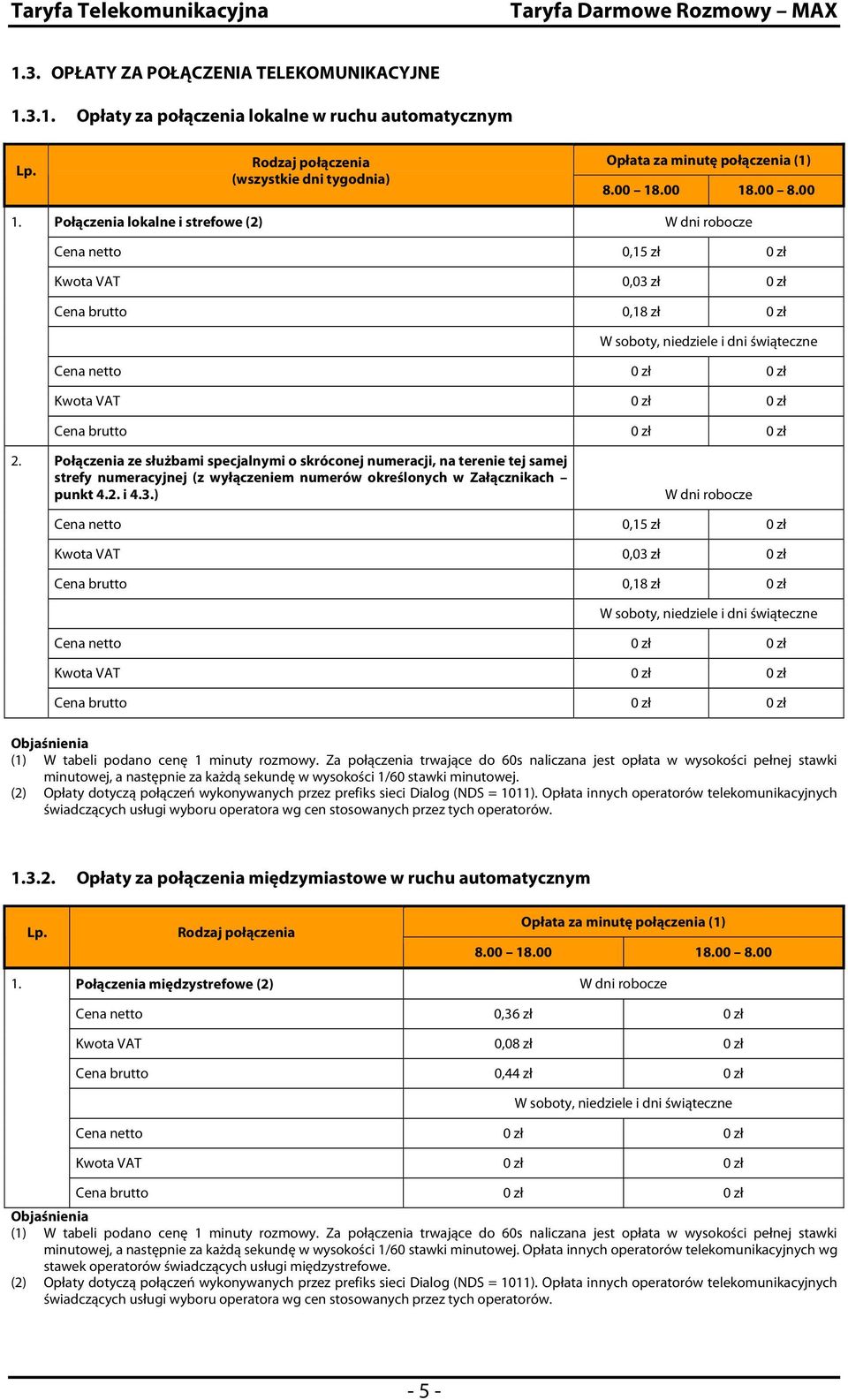 00 Cena netto 0,15 zł 0 zł Kwota VAT 0,03 zł 0 zł Cena brutto 0,18 zł 0 zł W soboty, niedziele i dni świąteczne Cena netto 0 zł 0 zł Kwota VAT 0 zł 0 zł Cena brutto 0 zł 0 zł 2.