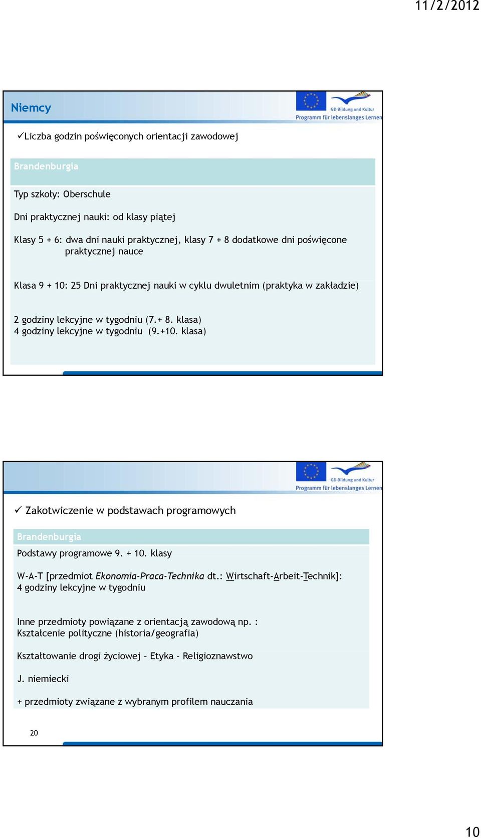 klasa) 19 Zakotwiczenie w podstawach programowych Brandenburgia Podstawy programowe 9. + 10. klasy W-A-T [przedmiot Ekonomia-Praca-Technika dt.