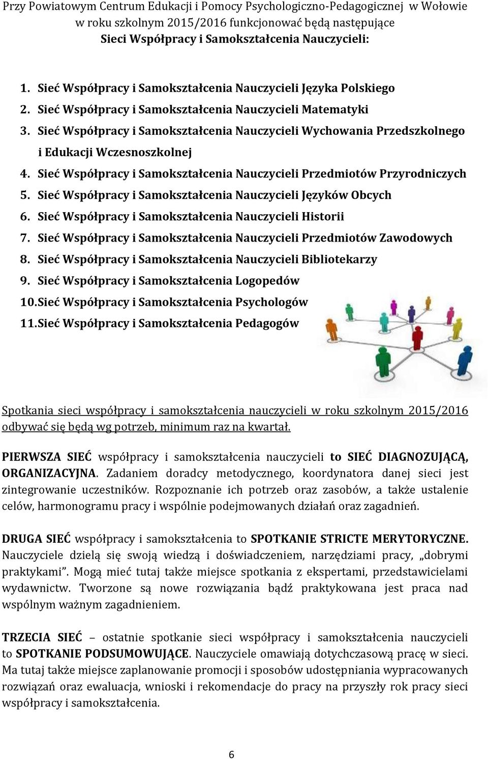 Sieć Współpracy i Samokształcenia Nauczycieli Wychowania Przedszkolnego i Edukacji Wczesnoszkolnej 4. Sieć Współpracy i Samokształcenia Nauczycieli Przedmiotów Przyrodniczych 5.