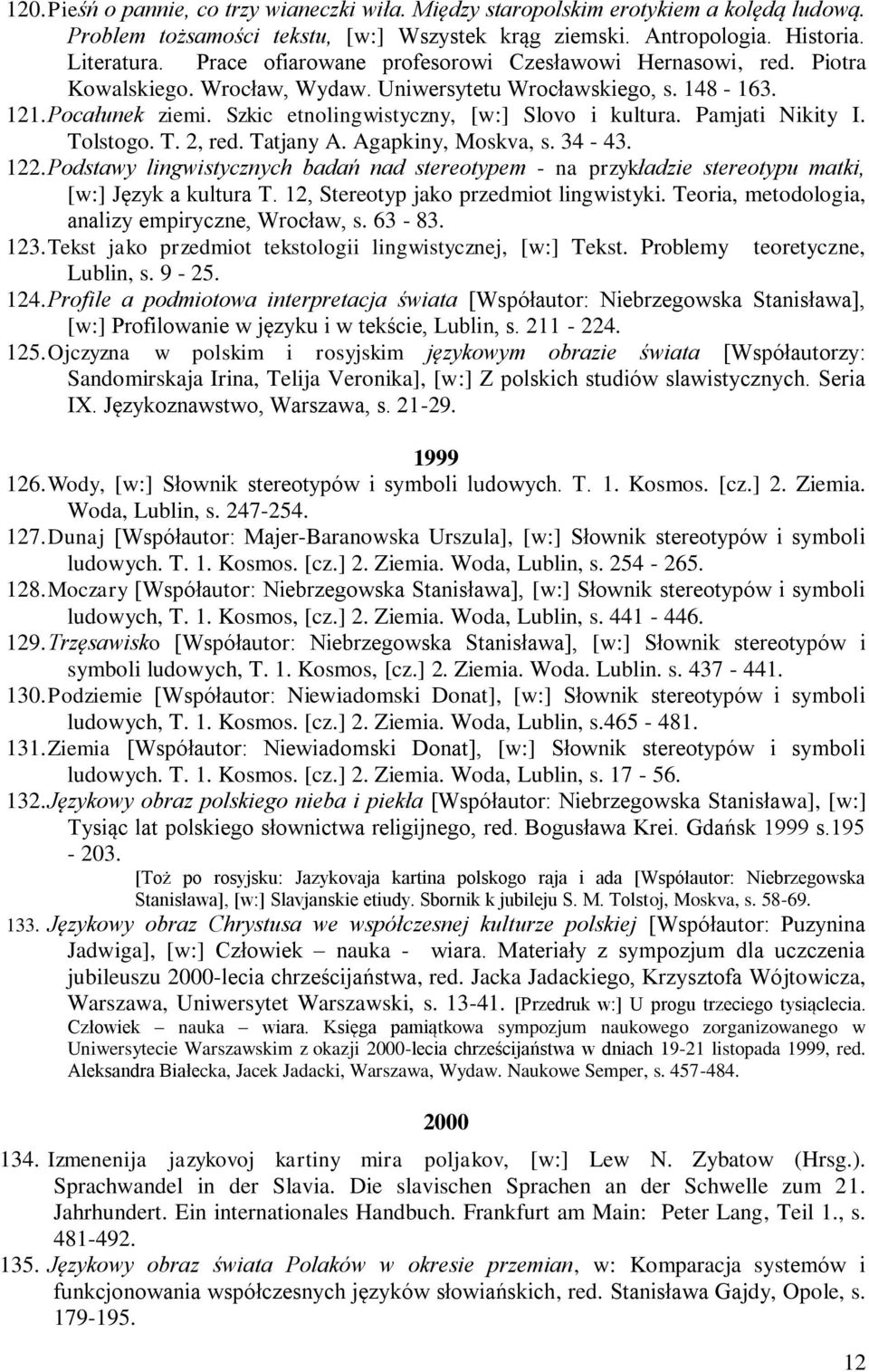 Pamjati Nikity I. Tolstogo. T. 2, red. Tatjany A. Agapkiny, Moskva, s. 34-43. 122. Podstawy lingwistycznych badań nad stereotypem - na przykładzie stereotypu matki, [w:] Język a kultura T.