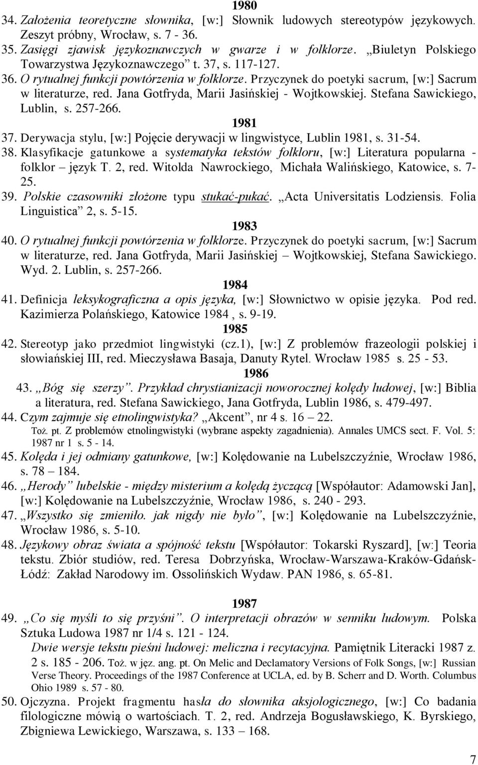 Jana Gotfryda, Marii Jasińskiej - Wojtkowskiej. Stefana Sawickiego, Lublin, s. 257-266. 1981 37. Derywacja stylu, [w:] Pojęcie derywacji w lingwistyce, Lublin 1981, s. 31-54. 38.