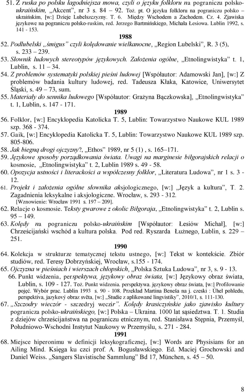 Jerzego Bartmińskiego, Michała Łesiowa. Lublin 1992, s. 141-153. 1988 52. Podlubelski śmigus czyli kolędowanie wielkanocne, Region Lubelski, R. 3 (5), s. 233 239. 53.