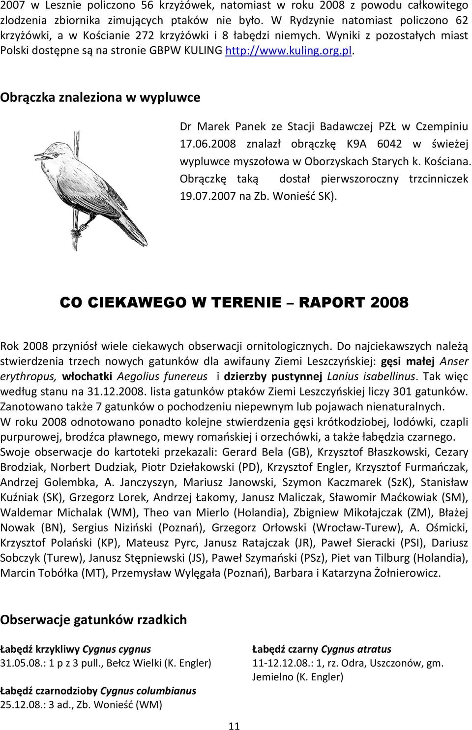 Obrączka znaleziona w wypluwce Dr Marek Panek ze Stacji Badawczej PZŁ w Czempiniu 17.06.2008 znalazł obrączkę K9A 6042 w świeżej wypluwce myszołowa w Oborzyskach Starych k. Kościana.