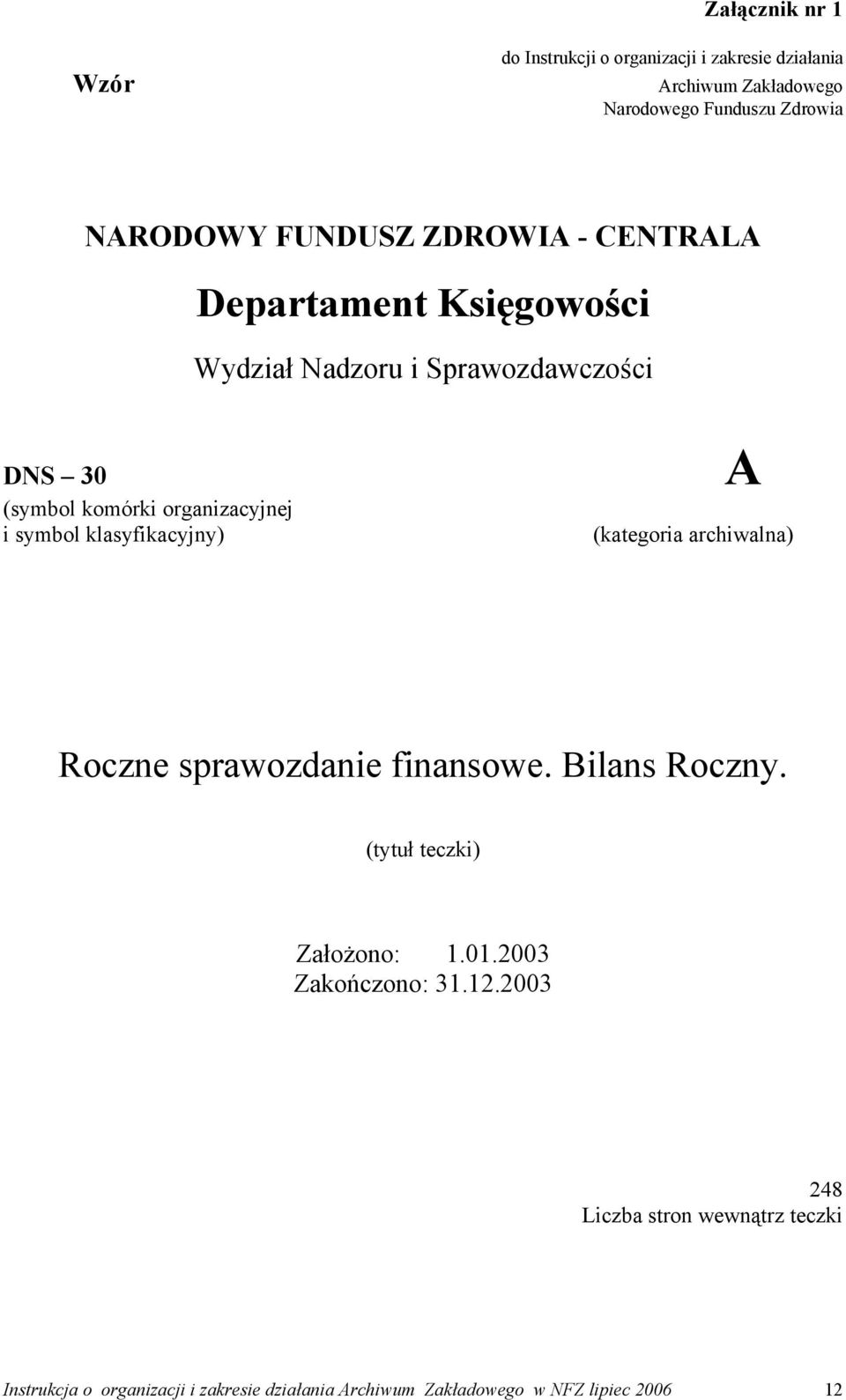 symbol klasyfikacyjny) A (kategoria archiwalna) Roczne sprawozdanie finansowe. Bilans Roczny. (tytuł teczki) Założono: 1.01.