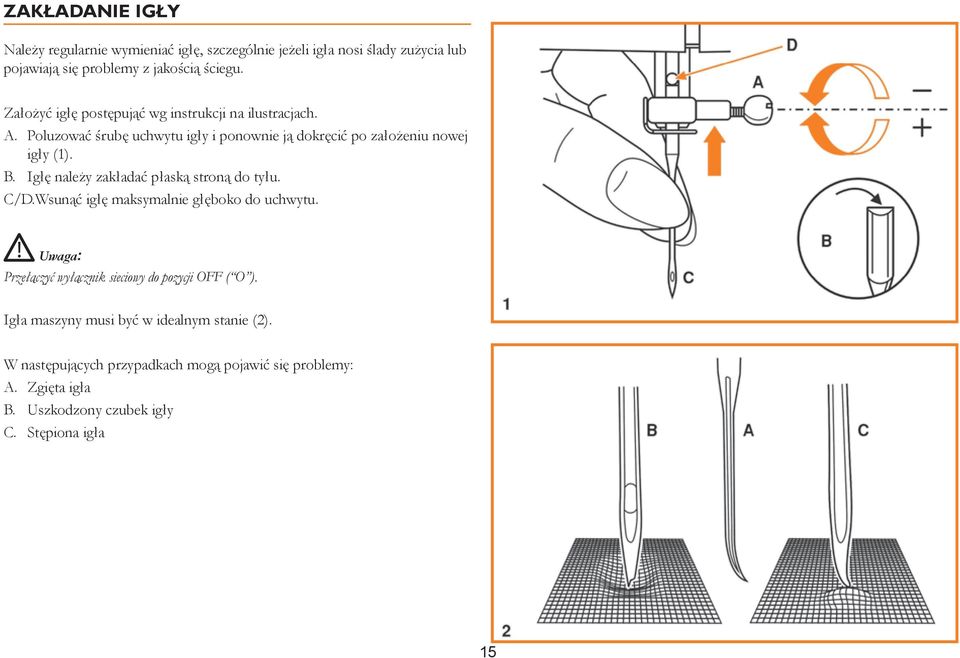 Igłę należy zakładać płaską stroną do tyłu. C/D.Wsunąć igłę maksymalnie głęboko do uchwytu.