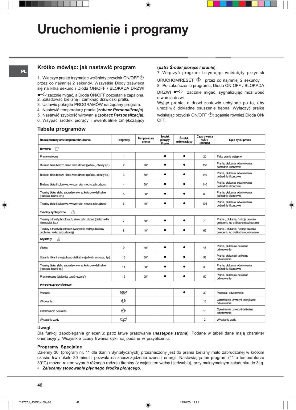 Ustawić pokrętło PROGRAMÓW na żądany program. 4. Nastawić temperaturę prania (zobacz Personalizacja). 5. Nastawić szybkość wirowania (zobacz Personalizacja). 6.