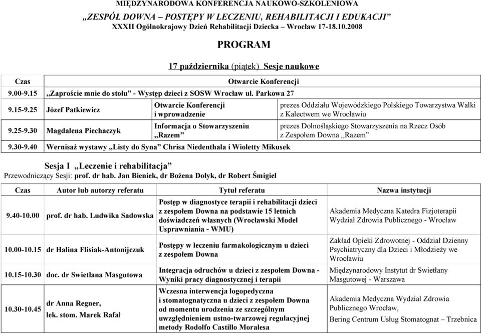 30 Magdalena Piechaczyk Otwarcie Konferencji i wprowadzenie Informacja o Stowarzyszeniu,,Razem 9.30-9.