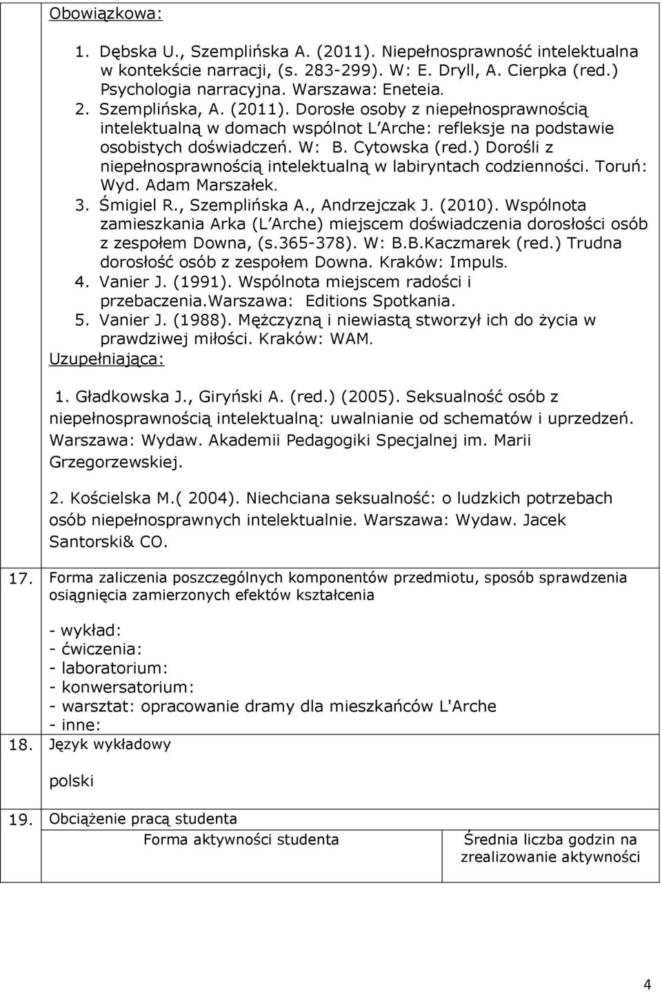 ) Dorośli z niepełnosprawnością intelektualną w labiryntach codzienności. Toruń: Wyd. Adam Marszałek. 3. Śmigiel R., Szemplińska A., Andrzejczak J. (2010).