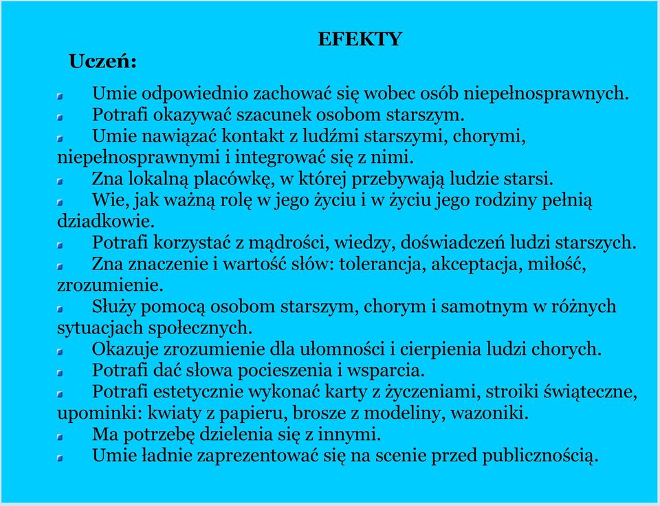 Wie, jak ważną rolę w jego życiu i w życiu jego rodziny pełnią dziadkowie. Potrafi korzystać z mądrości, wiedzy, doświadczeń ludzi starszych.