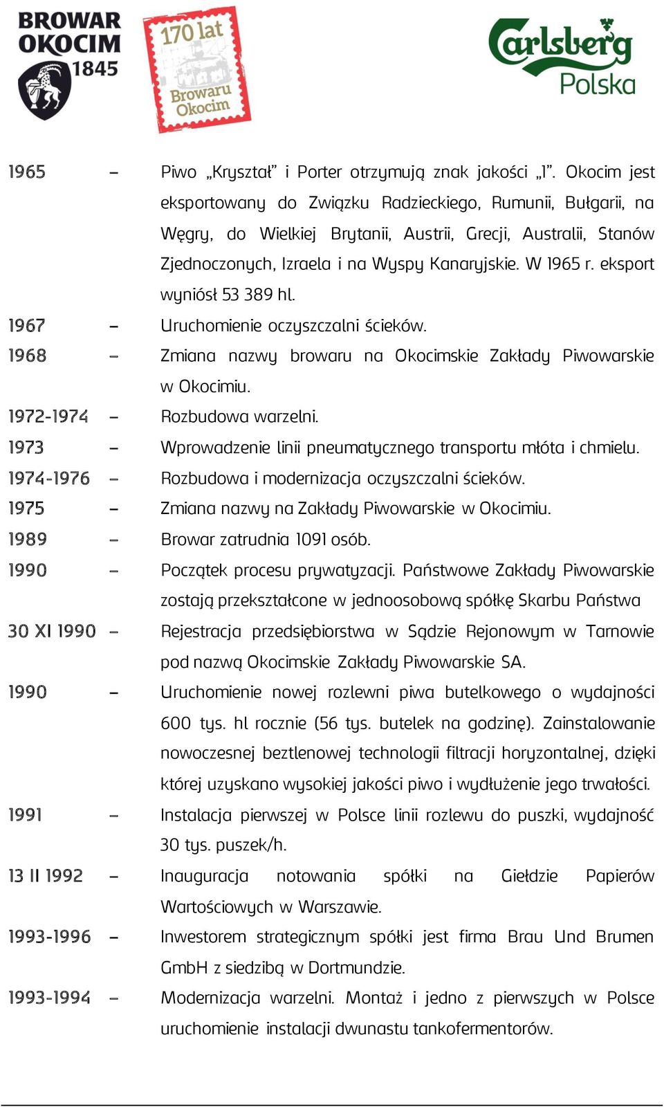 eksport wyniósł 53 389 hl. 1967 Uruchomienie oczyszczalni ścieków. 1968 Zmiana nazwy browaru na Okocimskie Zakłady Piwowarskie w Okocimiu. 1972-1974 Rozbudowa warzelni.