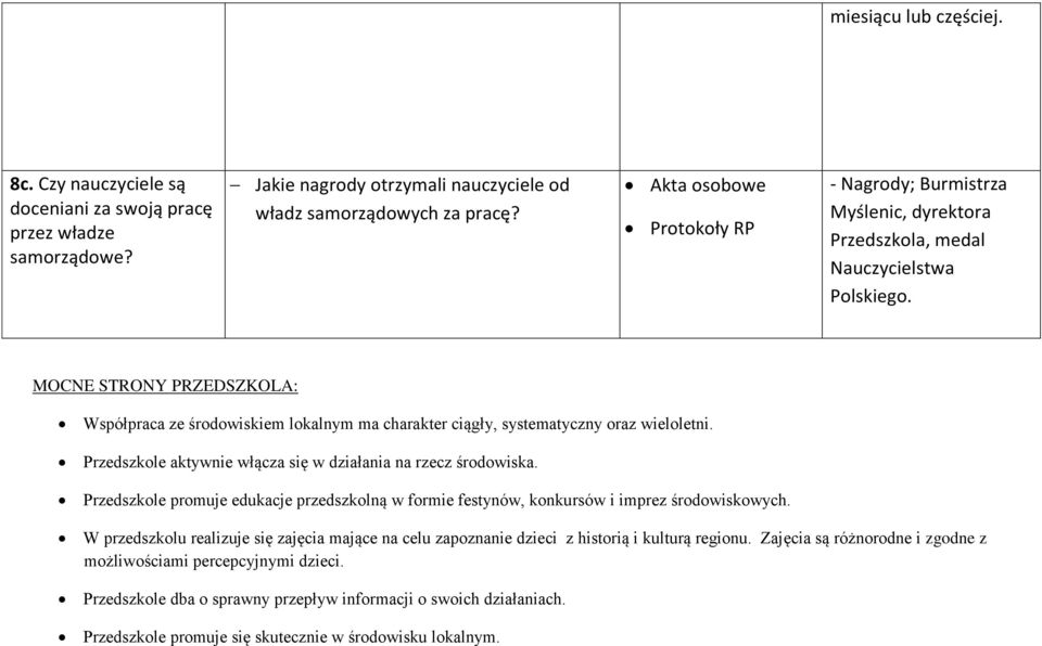 MOCNE STRONY PRZEDSZKOLA: Współpraca ze środowiskiem lokalnym ma charakter ciągły, systematyczny oraz wieloletni. Przedszkole aktywnie włącza się w działania na rzecz środowiska.