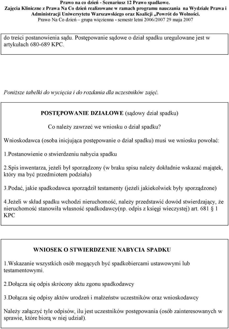 Postanowienie o stwierdzeniu nabycia spadku 2.Spis inwentarza, jeŝeli był sporządzony (w braku spisu naleŝy dokładnie wskazać majątek, który ma być przedmiotem podziału) 3.