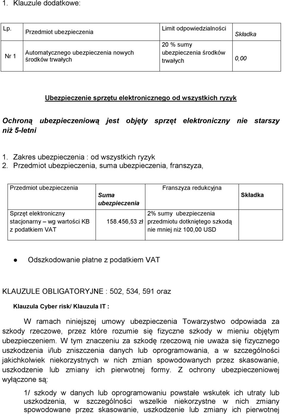 wszystkich ryzyk Ochroną ubezpieczeniową jest objęty sprzęt elektroniczny nie starszy niŝ 5-letni 1. Zakres ubezpieczenia : od wszystkich ryzyk 2.