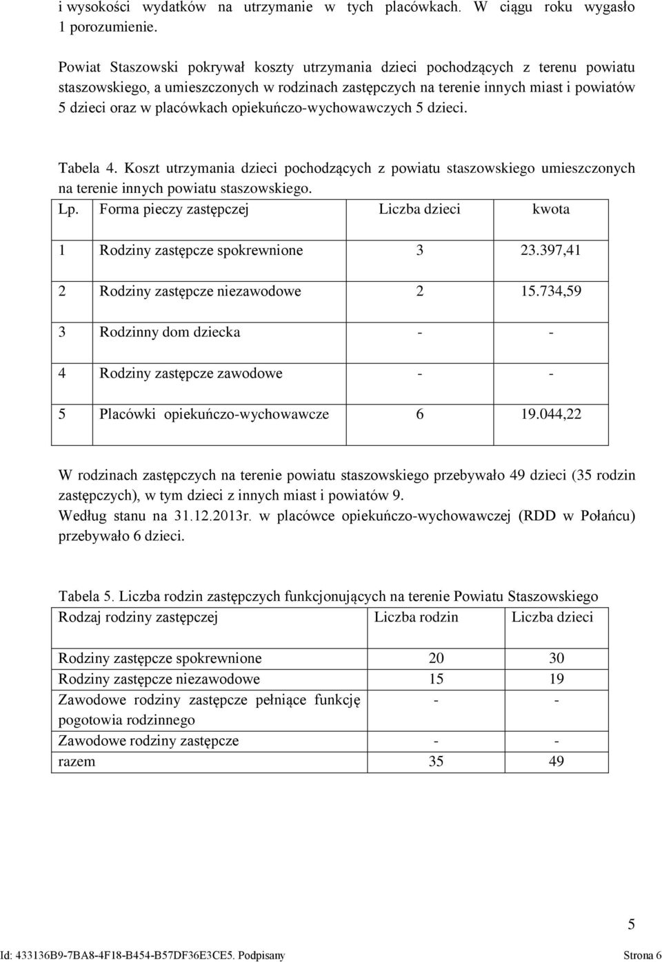 opiekuńczo-wychowawczych 5 dzieci. Tabela 4. Koszt utrzymania dzieci pochodzących z powiatu staszowskiego umieszczonych na terenie innych powiatu staszowskiego. Lp.