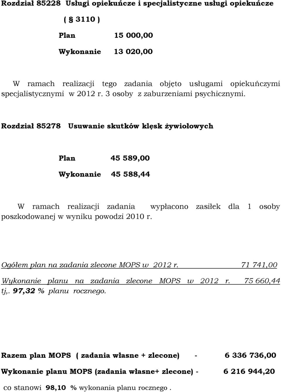 Rozdział 85278 Usuwanie skutków klęsk żywiołowych Plan 45 589,00 Wykonanie 45 588,44 W ramach realizacji zadania wypłacono zasiłek dla 1 osoby poszkodowanej w wyniku powodzi 2010 r.