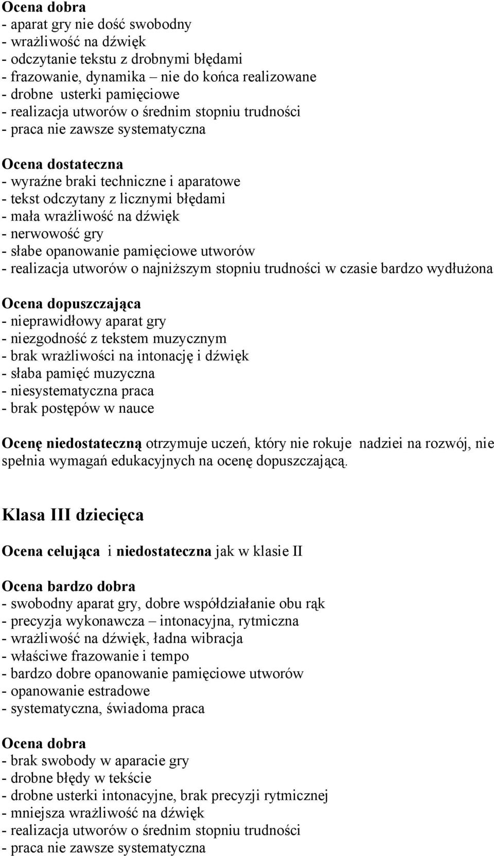 nerwowość gry - słabe opanowanie pamięciowe utworów - realizacja utworów o najniższym stopniu trudności w czasie bardzo wydłużona - nieprawidłowy aparat gry - niezgodność z tekstem muzycznym - brak