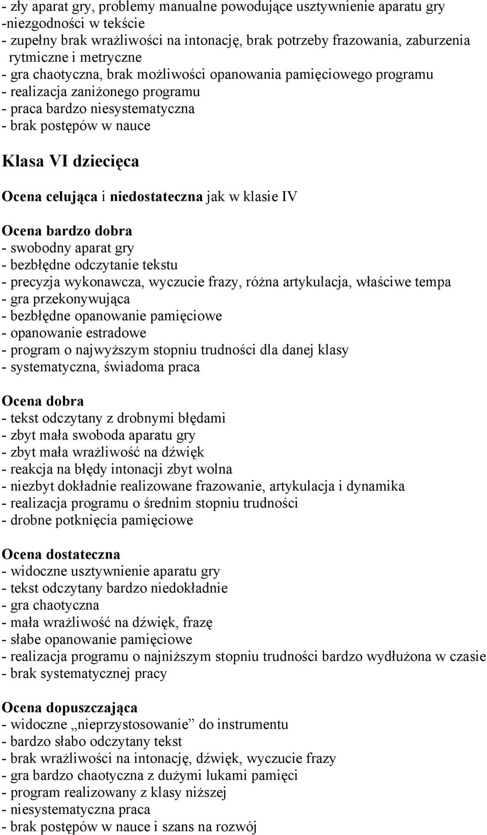 swobodny aparat gry - bezbłędne odczytanie tekstu - precyzja wykonawcza, wyczucie frazy, różna artykulacja, właściwe tempa - gra przekonywująca - bezbłędne opanowanie pamięciowe - program o