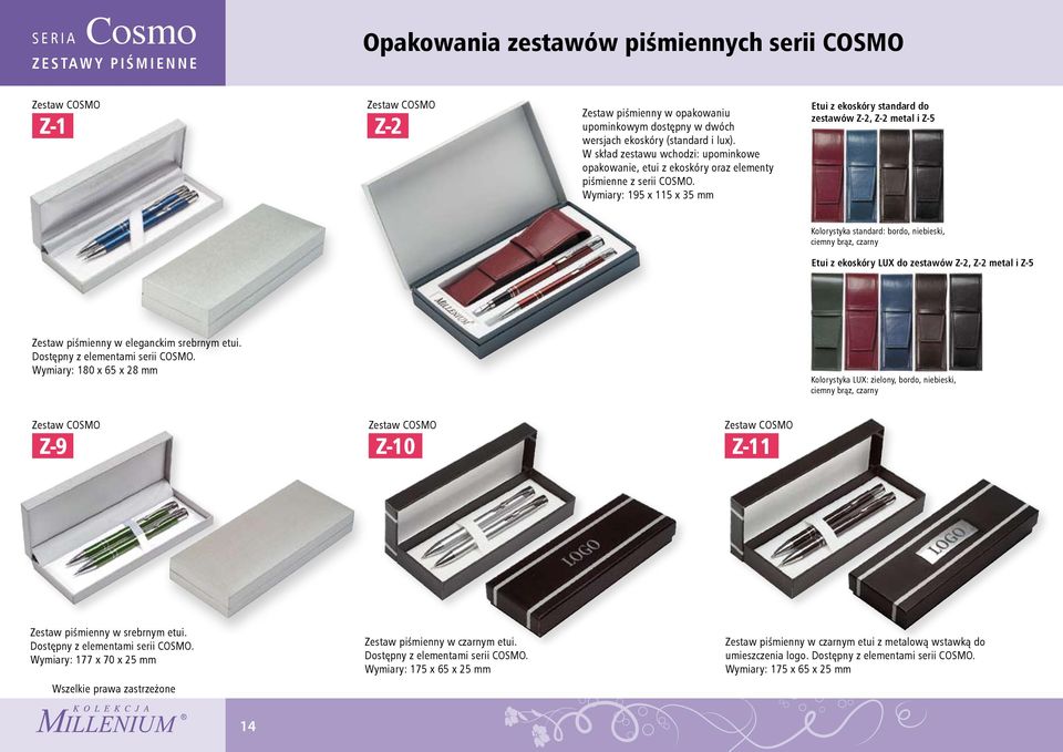 Wymiary: 195 x 115 x 35 mm Etui z ekoskóry standard do zestawów Z-2, Z-2 metal i Z-5 Kolorystyka standard: bordo, niebieski, ciemny brąz, czarny Etui z ekoskóry LUX do zestawów Z-2, Z-2 metal i Z-5