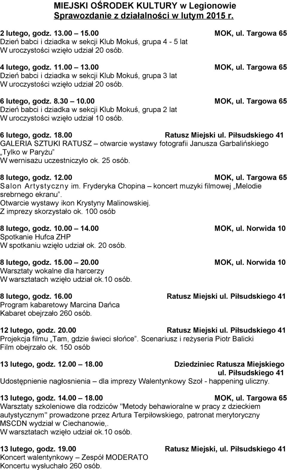 Targowa 65 Dzień babci i dziadka w sekcji Klub Mokuś, grupa 3 lat W uroczystości wzięło udział 20 osób. 6 lutego, godz. 8.30 10.00 MOK, ul.