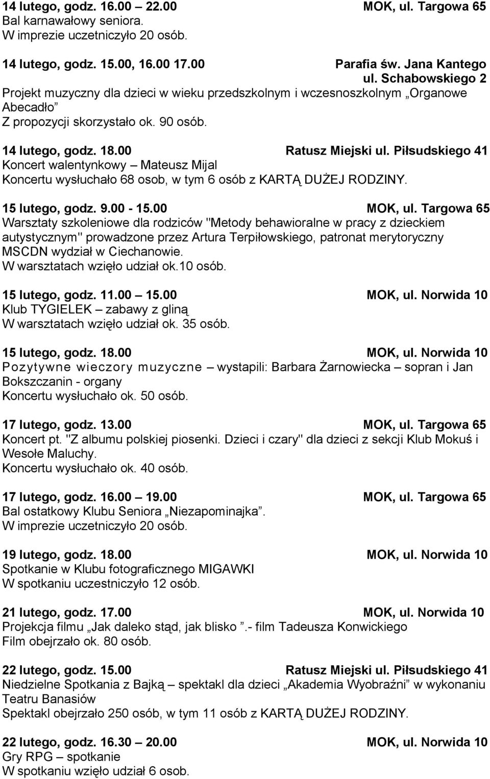 Piłsudskiego 41 Koncert walentynkowy Mateusz Mijal Koncertu wysłuchało 68 osob, w tym 6 osób z KARTĄ DUŻEJ RODZINY. 15 lutego, godz. 9.00-15.00 MOK, ul.