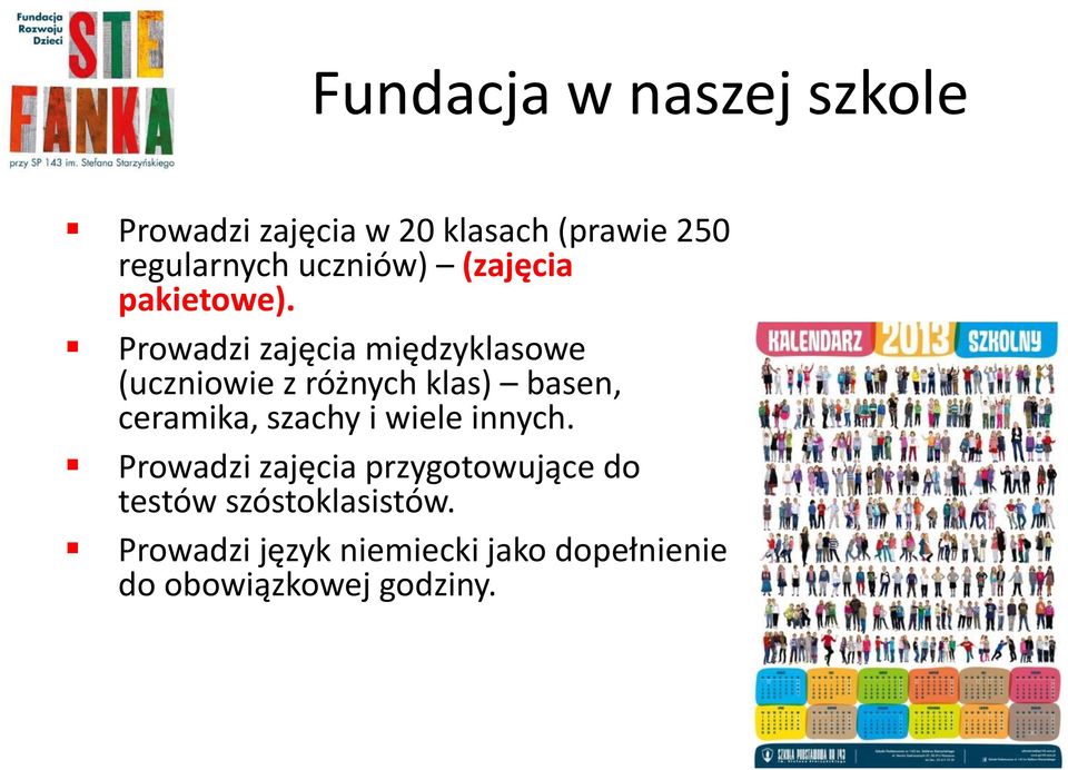 Prowadzi zajęcia międzyklasowe (uczniowie z różnych klas) basen, ceramika, szachy