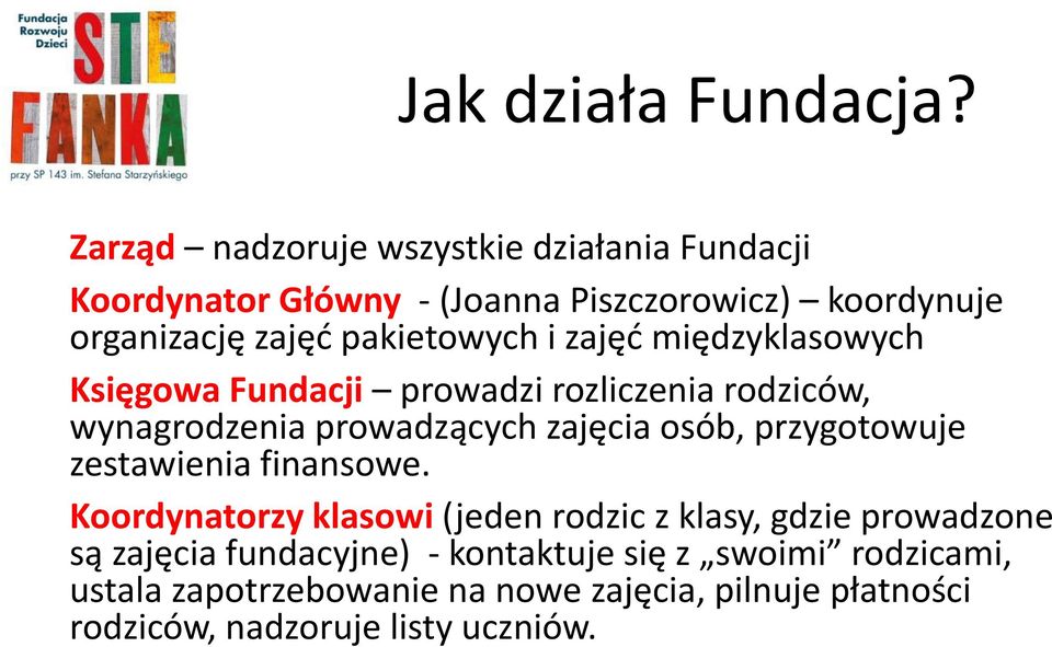 pakietowych i zajęć międzyklasowych Księgowa Fundacji prowadzi rozliczenia rodziców, wynagrodzenia prowadzących zajęcia osób,