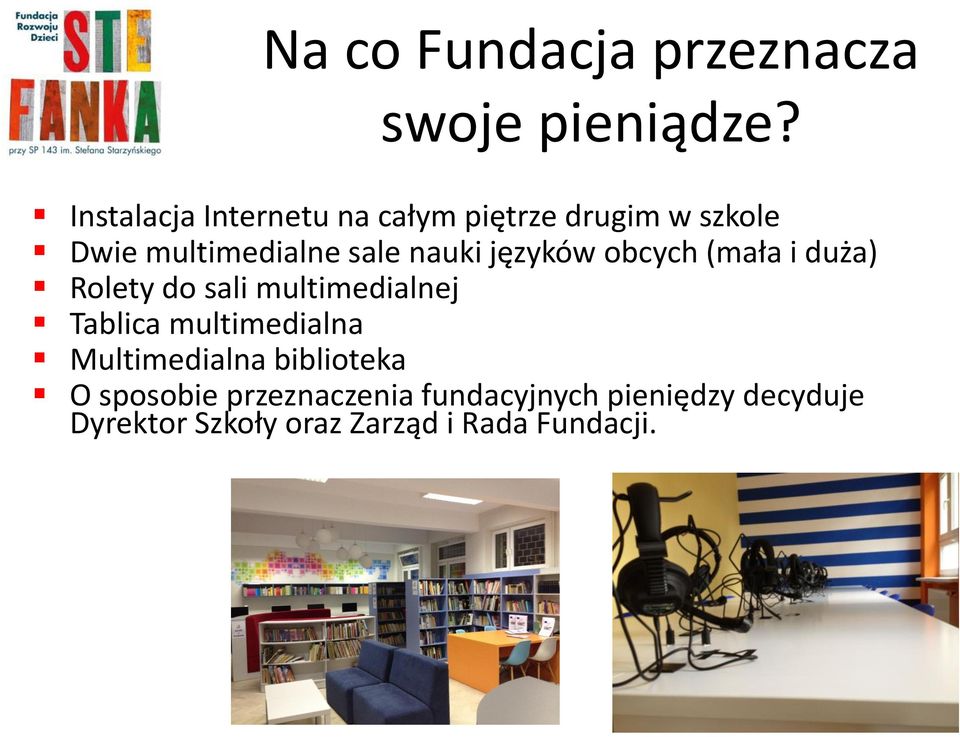 języków obcych (mała i duża) Rolety do sali multimedialnej Tablica multimedialna