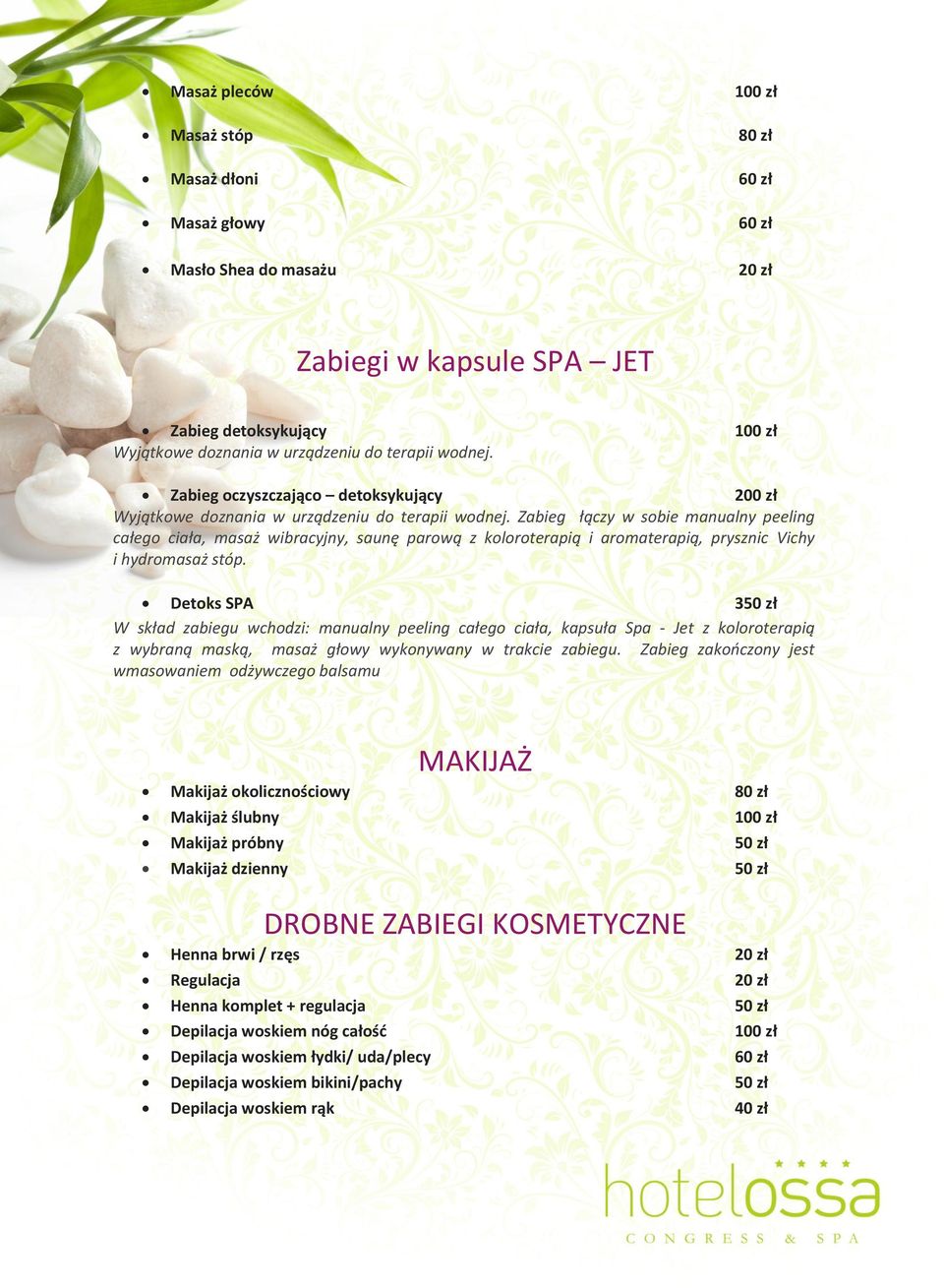 Zabieg łączy w sobie manualny peeling całego ciała, masaż wibracyjny, saunę parową z koloroterapią i aromaterapią, prysznic Vichy i hydromasaż stóp.