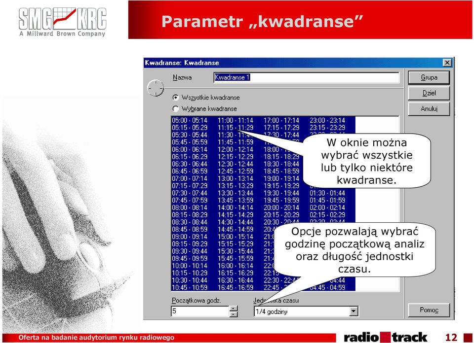 Opcje pozwalają wybrać godzinę początkową analiz