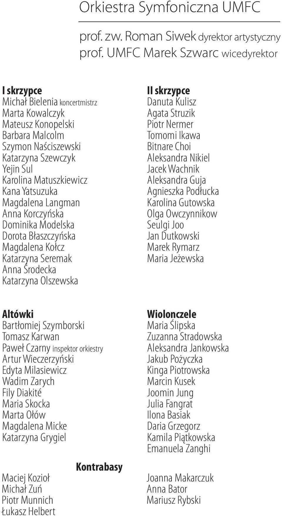 Yatsuzuka Magdalena Langman Anna Korczyńska Dominika Modelska Dorota Błaszczyńska Magdalena Kołcz Katarzyna Seremak Anna Środecka Katarzyna Olszewska Altówki Bartłomiej Szymborski Tomasz Karwan Paweł