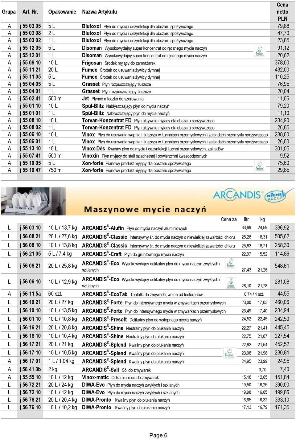 47,70 A j 55 03 02 1 L Blutoxol Płyn do mycia i dezynfekcji dla obszaru spożywczego 23,85 A j 55 12 05 5 L Disoman Wysokowydajny super koncentrat do ręcznego mycia naczyń 91,12 A j 55 12 01 1 L