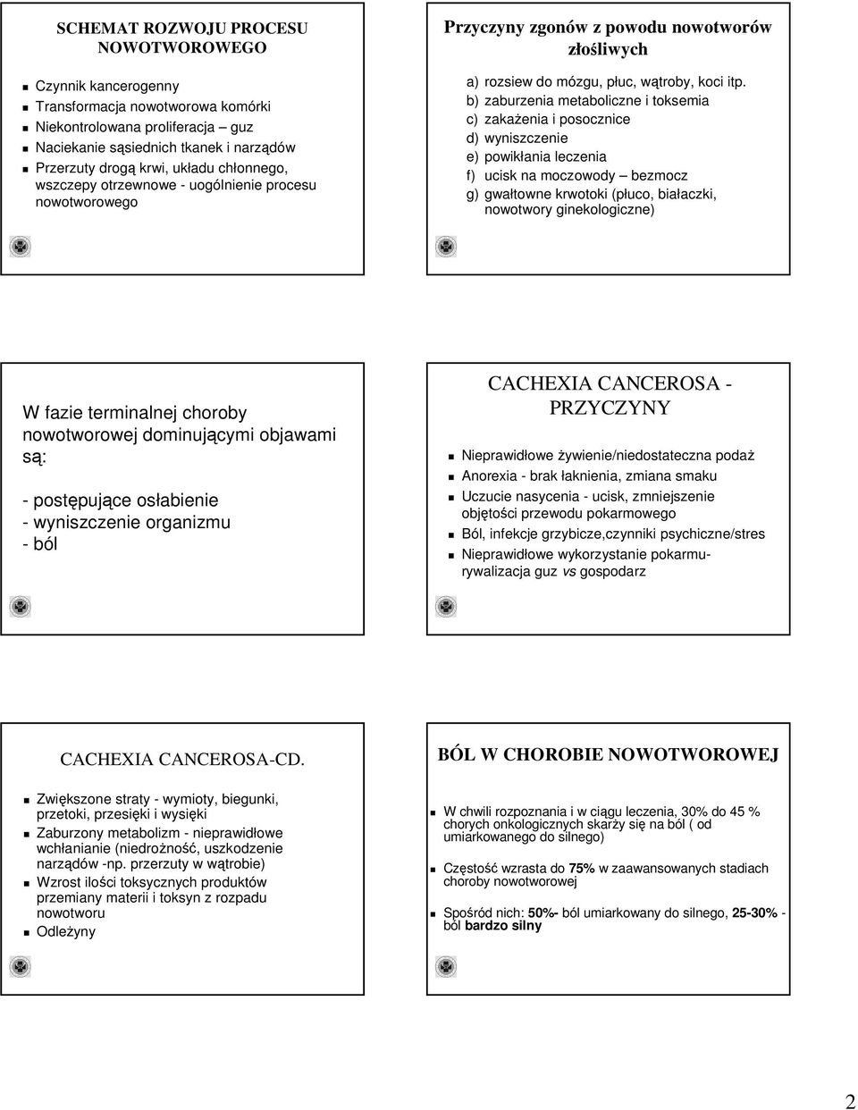 b) zaburzenia metaboliczne i toksemia c) zakażenia i posocznice d) wyniszczenie e) powikłania leczenia f) ucisk na moczowody bezmocz g) gwałtowne krwotoki (płuco, białaczki, nowotwory ginekologiczne)