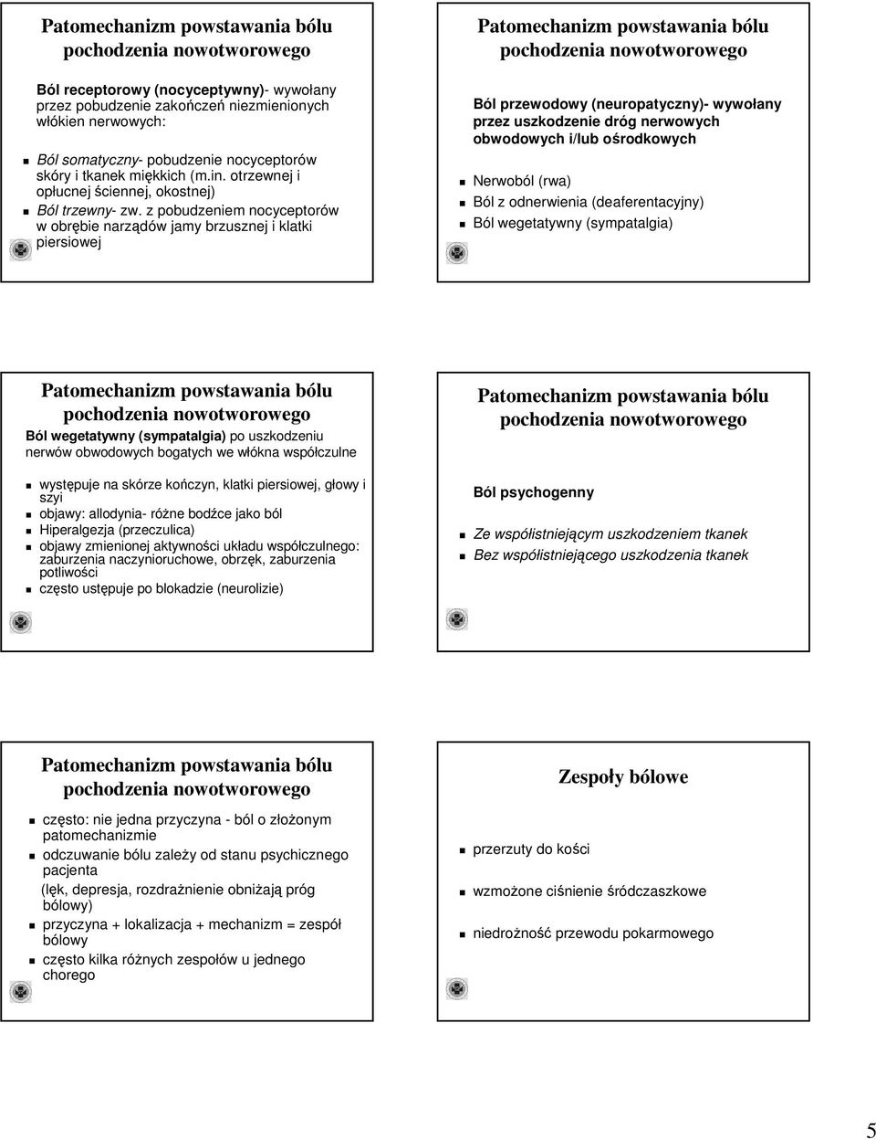 z pobudzeniem nocyceptorów w obrębie narządów jamy brzusznej i klatki piersiowej Ból przewodowy (neuropatyczny)- wywołany przez uszkodzenie dróg nerwowych obwodowych i/lub ośrodkowych Nerwoból (rwa)