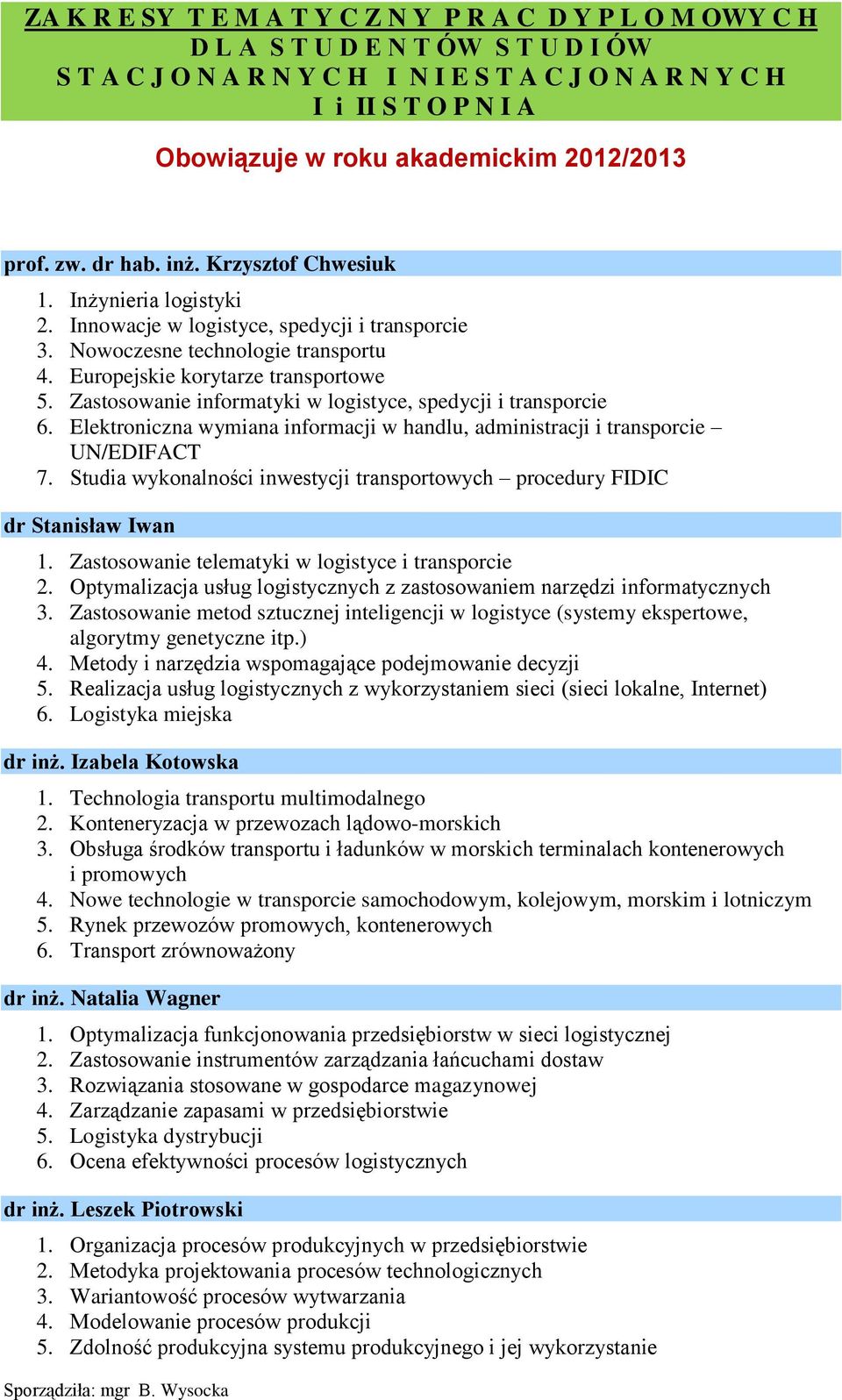 Europejskie korytarze transportowe 5. Zastosowanie informatyki w logistyce, spedycji i transporcie 6. Elektroniczna wymiana informacji w handlu, administracji i transporcie UN/EDIFACT 7.