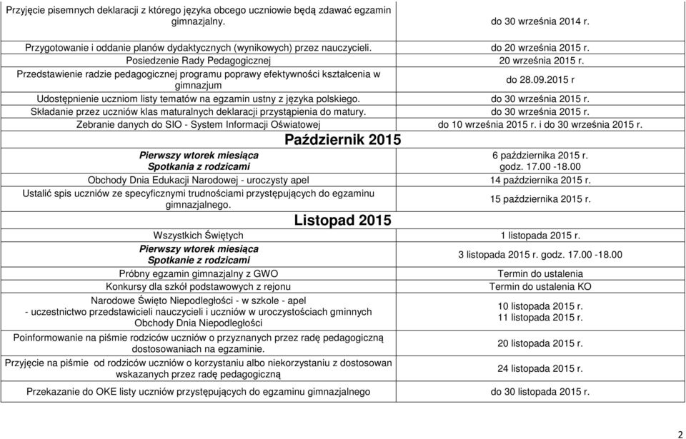 2015 r Udostępnienie uczniom listy tematów na egzamin ustny z języka polskiego. do 30 września 2015 r. Składanie przez uczniów klas maturalnych deklaracji przystąpienia do matury.