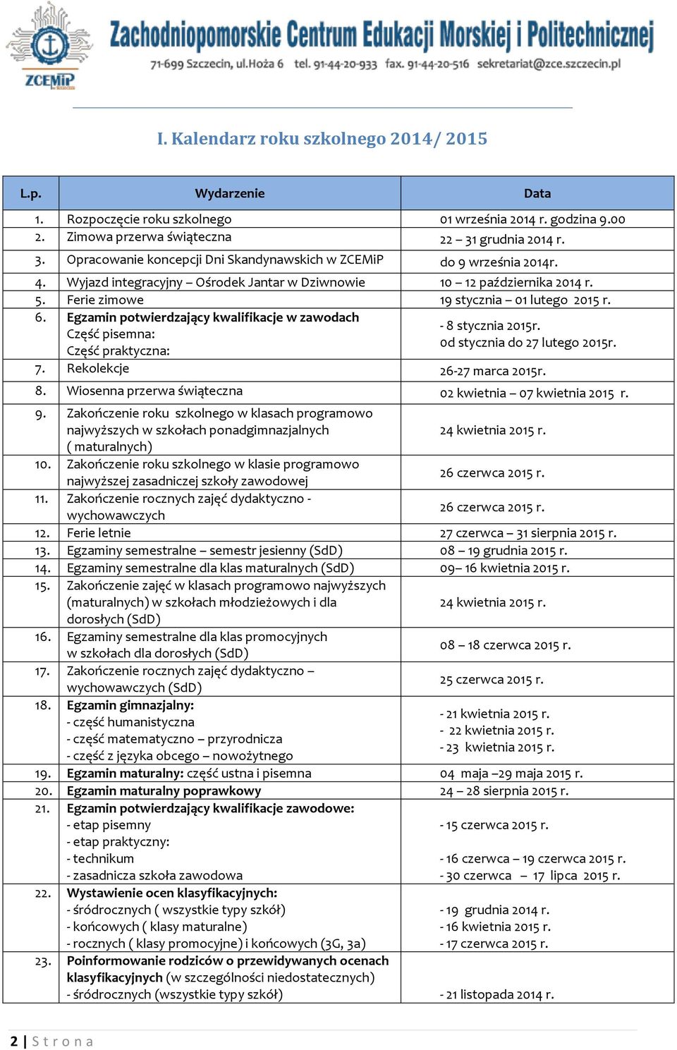 Ferie zimowe 19 stycznia 01 lutego 2015 r. 6. Egzamin potwierdzający kwalifikacje w zawodach Część pisemna: Część praktyczna: - 8 stycznia 2015r. 0d stycznia do 27 lutego 2015r. 7.