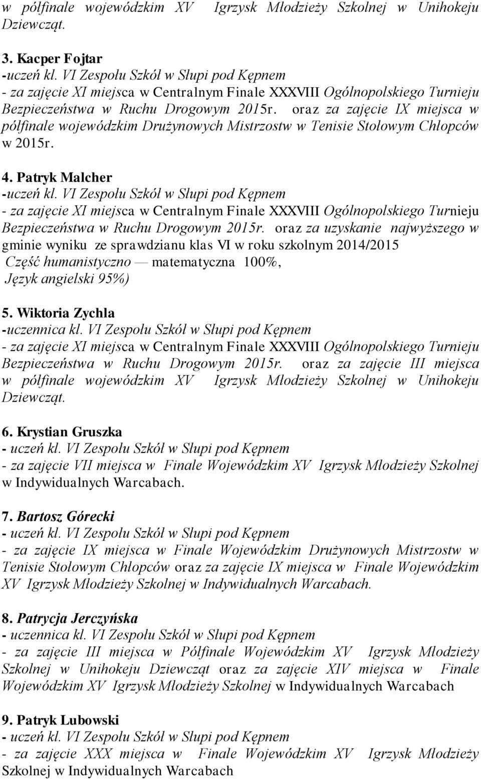 oraz za zajęcie IX miejsca w półfinale wojewódzkim Drużynowych Mistrzostw w Tenisie Stołowym Chłopców w 2015r. 4. Patryk Malcher -uczeń kl.