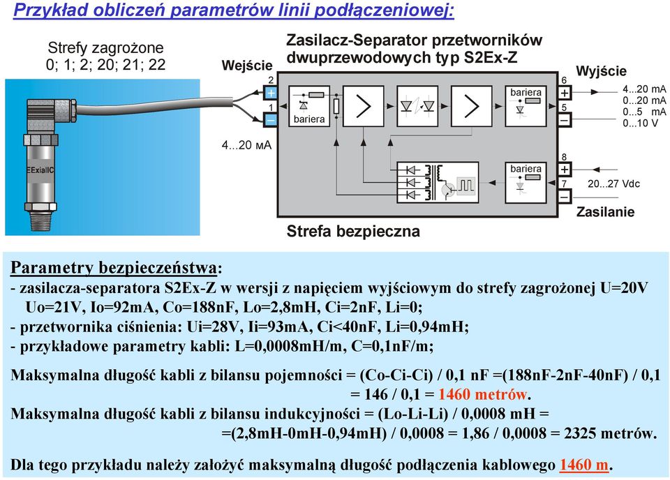 ..27 Vdc Strefa bezpieczna Zasilanie Parametry bezpieczeństwa: - zasilacza-separatora S2Ex-Z w wersji z napięciem wyjściowym do strefy zagrożonej U=20V Uo=21V, Io=92mA, Co=188nF, Lo=2,8mH, Ci=2nF,