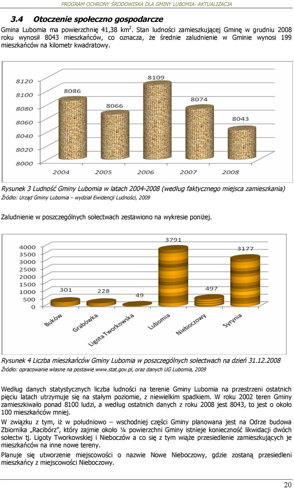 Rysunek 3 Ludnść Gminy Lubmia w latach 2004-2008 (według faktyczneg miejsca zamieszkania) Źródł: Urząd Gminy Lubmia wydział Ewidencji Ludnści, 2009 Zaludnienie w pszczególnych słectwach zestawin na