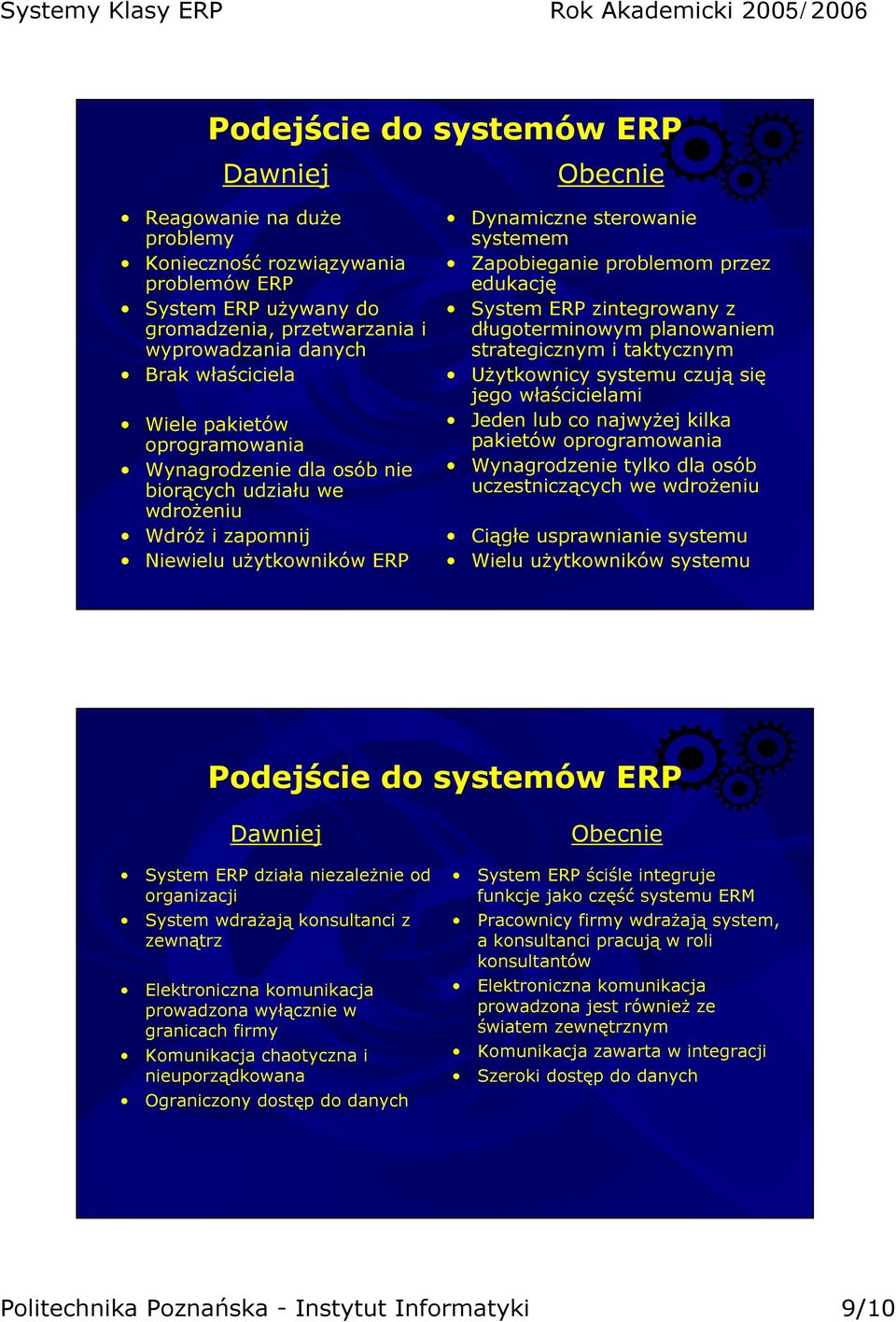 edukację System ERP zintegrowany z długoterminowym planowaniem strategicznym i taktycznym Użytkownicy systemu czują się jego właścicielami Jeden lub co najwyżej kilka pakietów oprogramowania