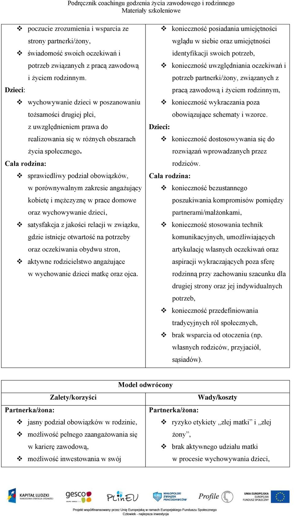 sprawiedliwy podział obowiązków, w porównywalnym zakresie angażujący kobietę i mężczyznę w prace domowe oraz wychowywanie dzieci, satysfakcja z jakości relacji w związku, gdzie istnieje otwartość na