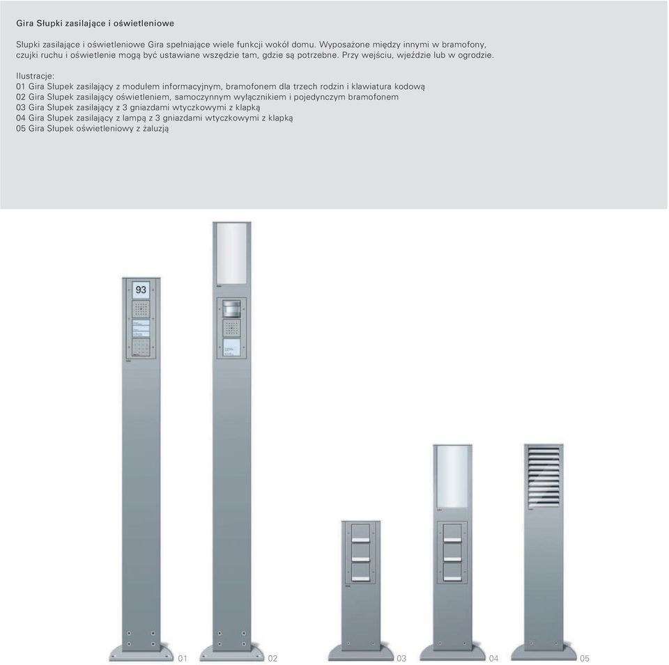 Ilustracje: 01 Gira Słupek zasilający z modułem informacyjnym, bramofonem dla trzech rodzin i klawiatura kodową 02 Gira Słupek zasilający oświetleniem, samoczynnym