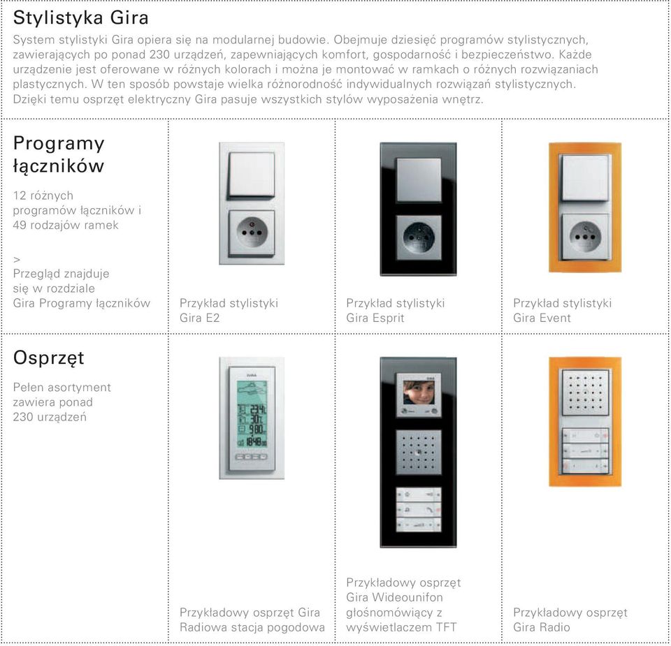 Każde urządzenie jest oferowane w różnych kolorach i można je montować w ramkach o różnych rozwiązaniach plastycznych.